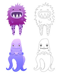 Childrens coloring page with funny cartoon monsters