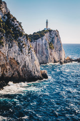 Fototapeta na wymiar Cape Lefkada or Lefkas lighthouse and cliffs in the southern part of Lefkada Island, Greece