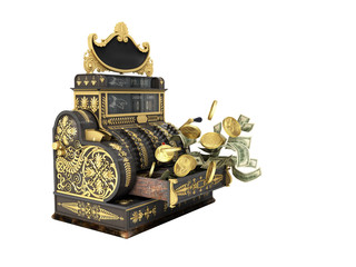 Old vintage cash register with flying money and coins 3d render on white background no shadow