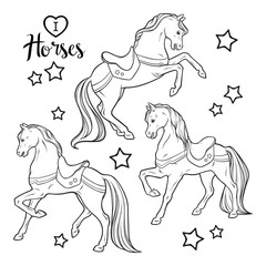 Cute horses and stars set isolated vector illustration. Coloring book pages for adults and kids