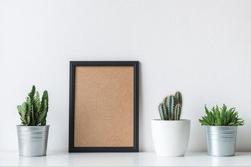 Modern room decoration. Various cactus and succulent plants in different pots. Mock-up with a black frame.