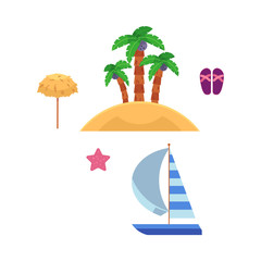 Vector flat travelling, beach vacation symbols icon set. Summer holiday rest elements - sand island with palm, slippers, sun umbrella, star sailing boat, yacht. Isolated illustration, white background