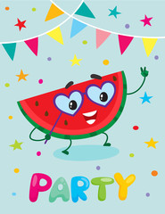 Party banner, flayer, invitation template with cartoon watermelon fruit character having fun, vector illustration. Funny watermelon fruit with human face, flags and confetti, party flyer design