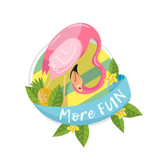 More fun tropical summer label, design element with palm leaves, exotic flowers, pineapples and flamingo vector Illustration
