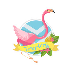 Tropical summer label, design element with palm leaves, flowers, pineapples and flamingo vector Illustration