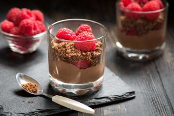 Chocolate dessert with raspberries
