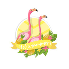 Hello summer label, design element with palm leaves, flowers, pineapples and flamingo couple vector Illustration