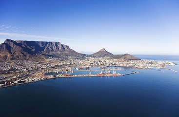 Aerial view of Cape Town Harbour, V&A Waterfront, Table Mountain, Lion's Head and Signal Hill,...