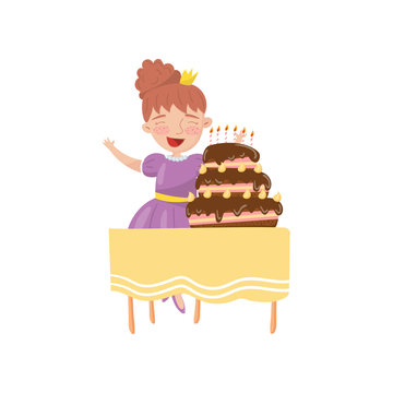 Happy young woman with birthday cake cartoon vector Illustration