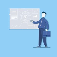 Business project, ideas. A man in a suit come up with an idea.