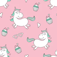 Wall murals Unicorn Seamless pattern with magical unicorn and cupcakes
