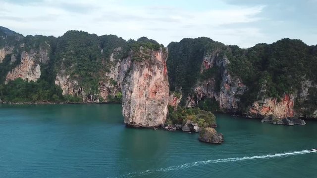 Aerial view of tropical turquoise lagoon, beach between rocks and islands, Krabi, Railay, Thailand, 4k
