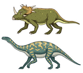 Dinosaur Triceratops, Barosaurus, Apatosaurus, Tenontosaurus Plateosaurus, broad lizard, Massospondylus, Diplodocus, Brachiosaurus, skeletons, fossils. Prehistoric reptiles, Animal Hand drawn vector