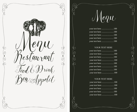 Vector template restaurant menu with price list, chef hat, cutlery and handwritten inscriptions in frame with curls on black and white background in retro style