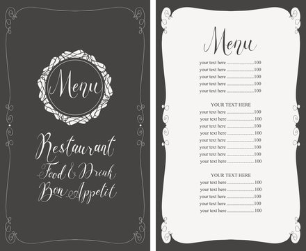 Vector menu for restaurant with handwritten inscriptions, curlicues and price list in curly frame in retro style