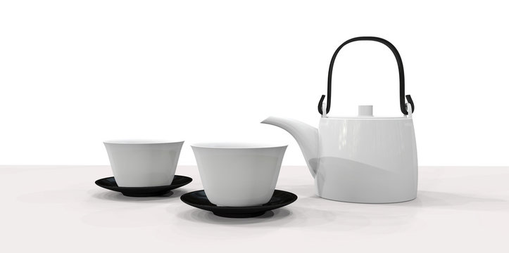 白い茶器と黒のお皿