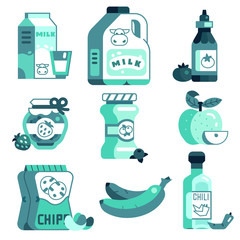 Supermarket Green and Blue Line Icon Set