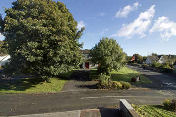 A suburban landscape showing houses, trees and roads in strong sunlight.