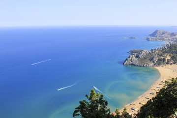 Shore of the Mediterranean Sea in sunny day. Greece, Rhodes
