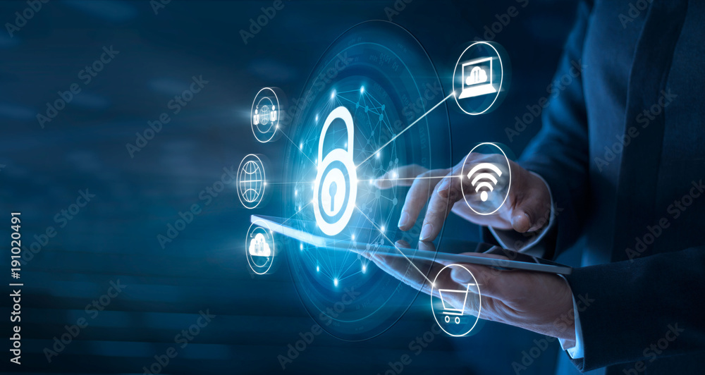 Poster Businessman using tablet and set up network connection with shield guard to protected from cyber attacks. Network security system concept