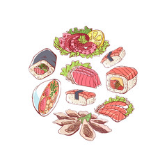 Japanese cuisine poster with delicious asian dishes on white background. Octopus tentacle, oysters, tuna, nigiri, sushi roll with shrimps, sashimi with salmon, soup with seafoods vector illustration.