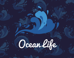 Ocean life poster with water splash element. Abstract wavy flow, tide water roller, foamy and stormy sea wave sign. Summer rest and marine leisure concept, natural nautical vector illustration.