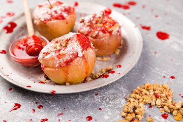 Red Baked Apples Stuffed Cottage Cheese And Granola with Jam. Healthy Diet Food.