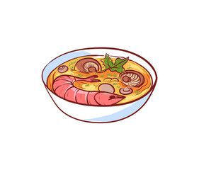 Tom yam soup icon isolated on white background. Thai cuisine dish label, asian fish restaurant menu element, famous oriental food vector illustration.