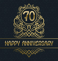 Happy anniversary greeting card template for seventy years celebration. Vintage design with golden elements.