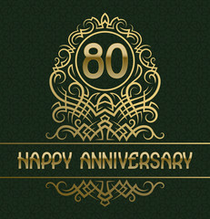 Happy anniversary greeting card template for eighty years celebration. Vintage design with golden elements.