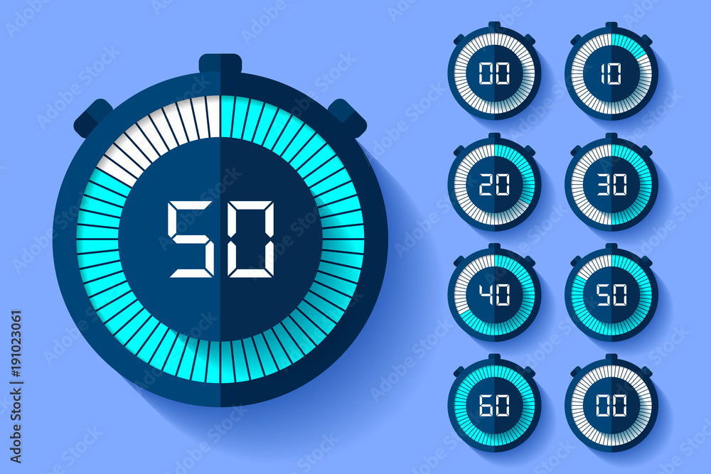Poster stopwatch icons set in flat style, timers on color background. sport clock. vector design element fo