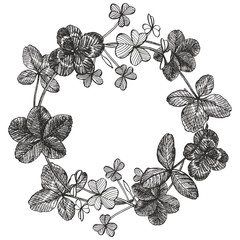 Set of hand drawn clover illustrations isolated on white background. Vector Floral wreath. Graphic round border.