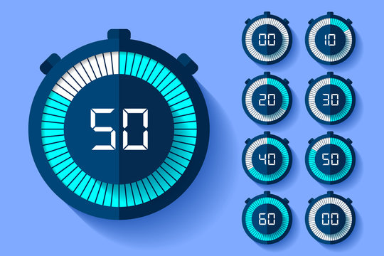 Stopwatch icons set in flat style, timers on color background. Sport clock. Vector design element for you business project