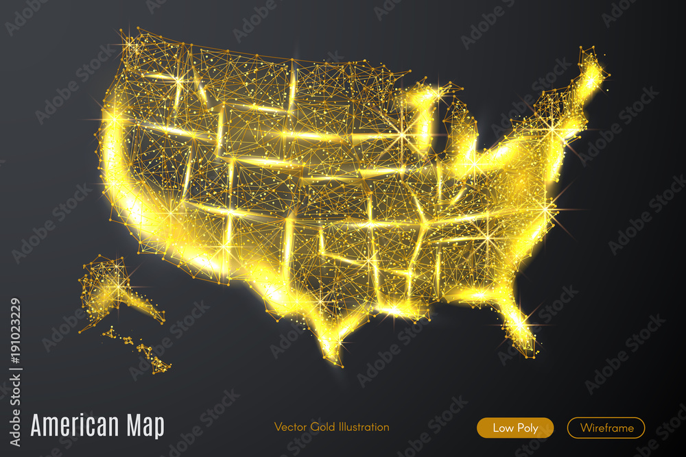 Poster low poly illustration of the american map with a golden dust effect. sparkle stardust. glittering ve