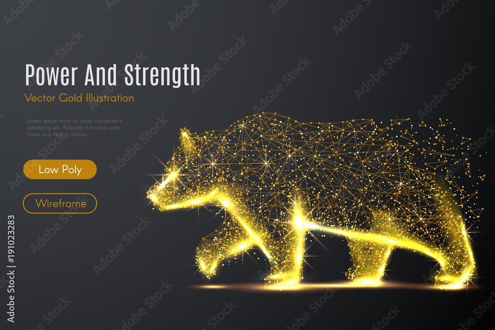 Leinwandbilder Low poly illustration of the Bear with a golden dust effect. Sparkle stardust. Glittering vector with gold particles on dark background. Polygonal wireframe from dots and lines. Concept of the Power
