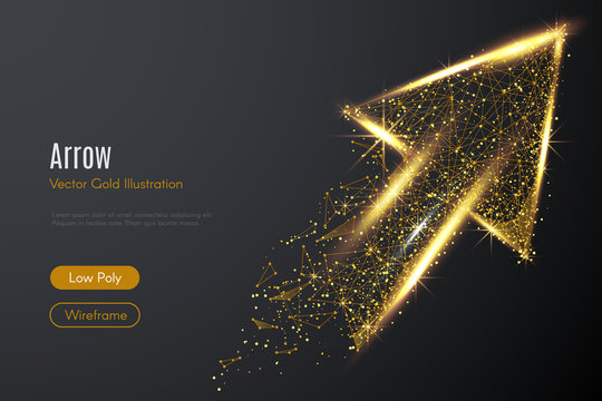 Low poly illustration of the arrow up with a golden dust effect. Sparkle stardust. Glittering vector with gold particles on dark background. Polygonal wireframe from dots and lines. Business concept