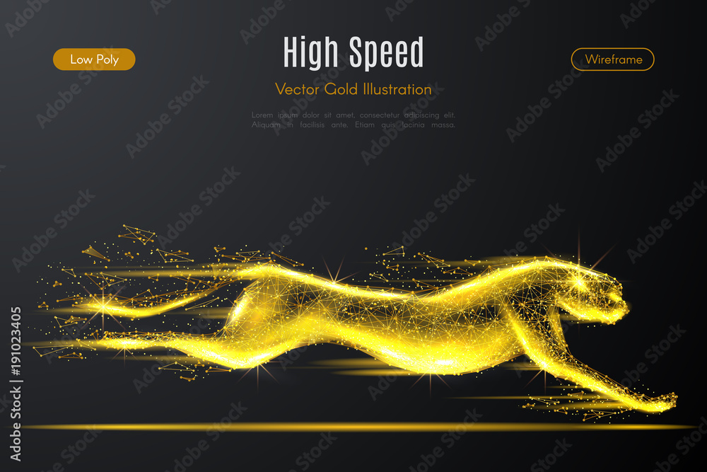 Poster Low poly illustration of the cheetah with a golden dust effect. Sparkle stardust. Glittering vector with gold particles on dark background. Polygonal wireframe from dots and lines.