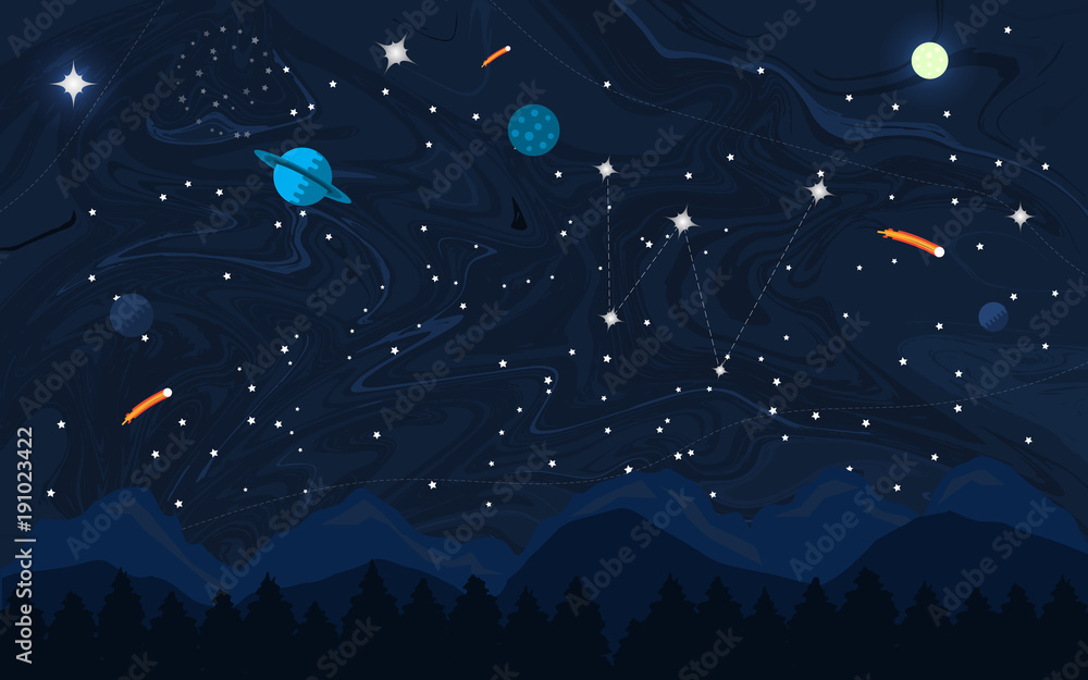 Wall mural space flat background with planets and stars