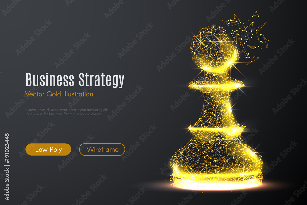 Poster Low poly illustration of the chess piece pawn with a golden dust effect. Sparkle stardust. Glittering vector with gold particles on dark background. Polygonal wireframe from dots and lines.