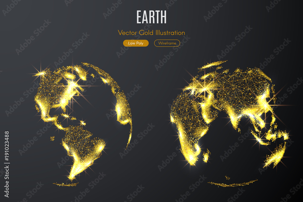 Poster low poly illustration of the two hemispheres of the earth with a golden dust effect. sparkle stardus