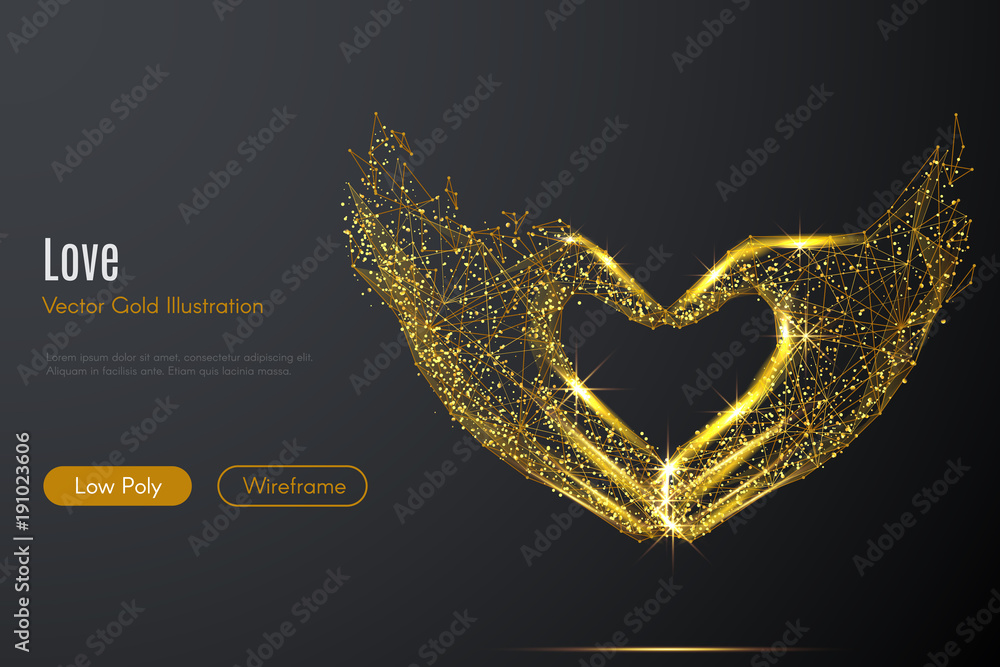 Leinwandbilder low poly illustration of the love shape hands with a golden dust effect. sparkle stardust. glitterin