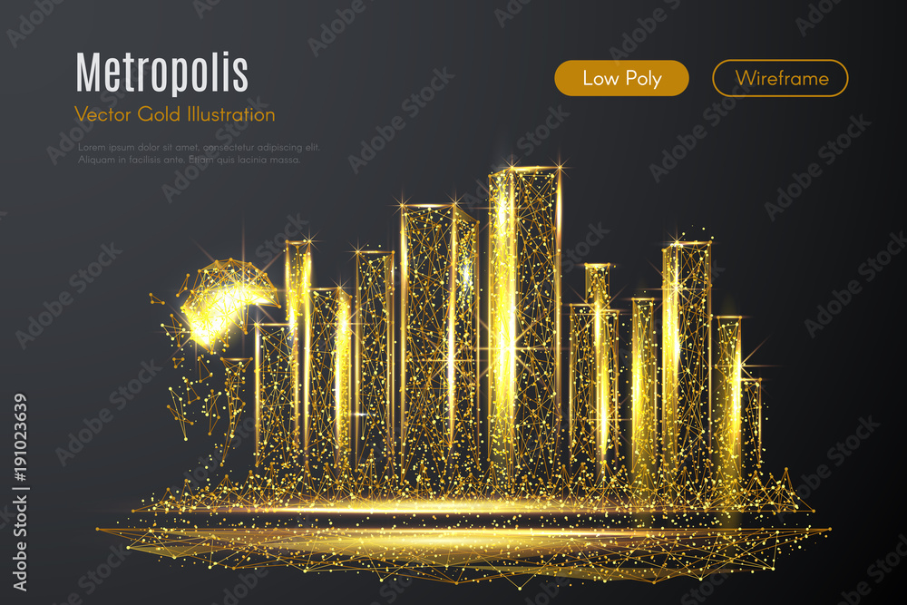 Fototapete Low poly illustration of the metropolis with a golden dust effect. Sparkle stardust. Glittering vector with gold particles on dark background. Polygonal wireframe of city from dots and lines.