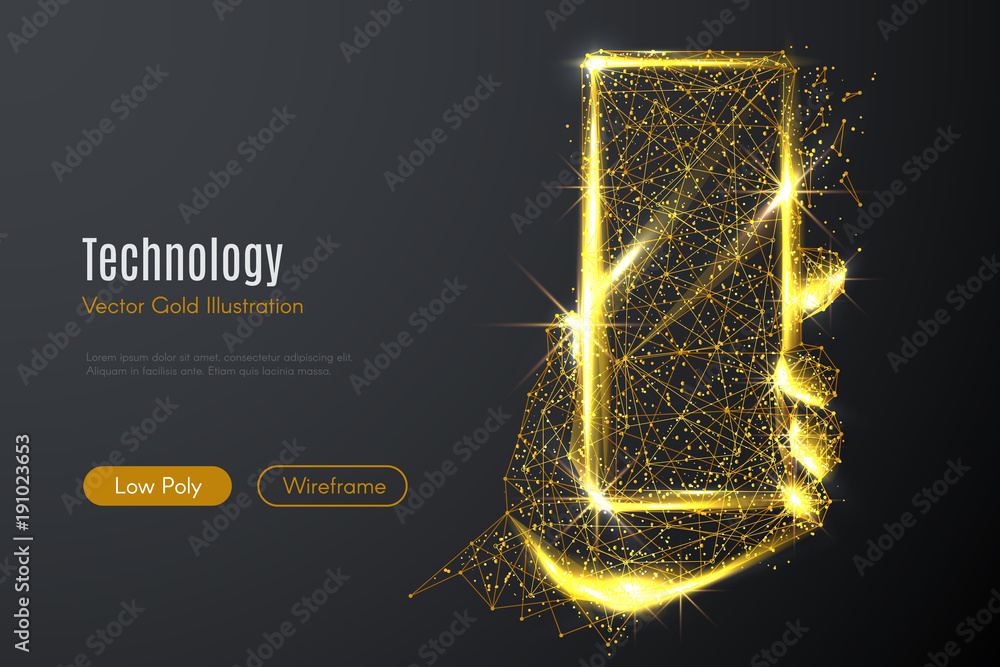 Wall mural low poly illustration of the smartphone on hand with a golden dust effect. sparkle stardust. glitter