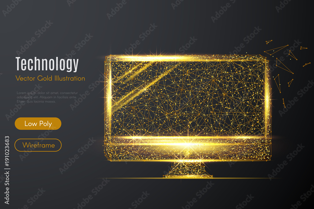 Poster Low poly illustration of the Monitor of computer with a golden dust effect. Sparkle stardust. Glittering vector with gold particles on dark background. Polygonal wireframe from dots and lines.