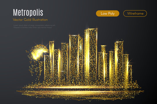 Low poly illustration of the metropolis with a golden dust effect. Sparkle stardust. Glittering vector with gold particles on dark background. Polygonal wireframe of city from dots and lines.