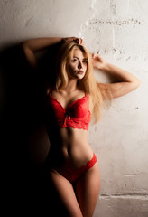 Seductive young woman with perfect body posing in red lace lingerie at studio