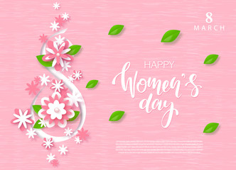 8 March Happy Women's Day Festive Card. Beautiful Background with paper flowers. Vector Illustration.