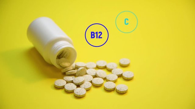 Vitamins supplements in the bottle, animated