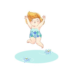Girl jumping into water. Hand-painted watercolor illustration