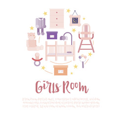 flat baby girl room circle concept vector illustration with romper suit and high chair